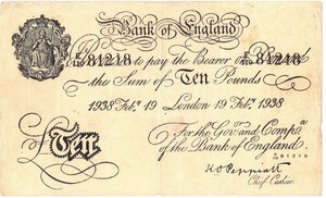 obverse: Banconote. Estere. Inghilterra. 10 Sterline 1938. qSPL. Interessante Falso d epoca. Strappi.