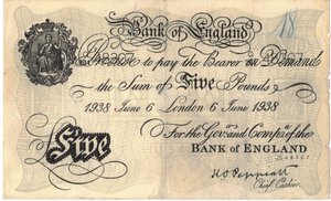 obverse: Banconote. Estere. Inghilterra. 5 Sterline 1938. BB. Interessante Falso d epoca. Strappi, scritta e fori di spillo.