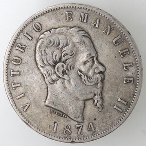 obverse: Vittorio Emanuele II. 1861-1878. 5 lire 1874 Milano. Ag. 