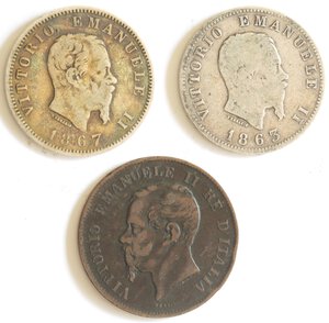 obverse: Vittorio Emanuele II. 1861-1878. Lotto di 3 monete. 1 Lira 1863 M e 1867 M, 5 Centesimi 1862 N. Ag-Ae. 