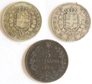 reverse: Vittorio Emanuele II. 1861-1878. Lotto di 3 monete. 1 Lira 1863 M e 1867 M, 5 Centesimi 1862 N. Ag-Ae. 