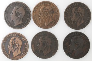 obverse: Vittorio Emanuele II. 1861-1878. Lotto di 6 monete. 10 Centesimi 1862 M, 1863 Parigi (NC), 1866 M, 1866 N, 1867 N e 1867 H. Ae. 