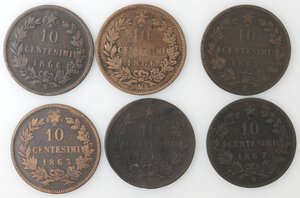 reverse: Vittorio Emanuele II. 1861-1878. Lotto di 6 monete. 10 Centesimi 1862 M, 1863 Parigi (NC), 1866 M, 1866 N, 1867 N e 1867 H. Ae. 