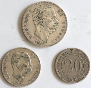 obverse: Umberto I. 1878-1900. Lotto di 3 monete. 2 Lire 1897, 1 Lira 1897 e 20 centesimi 1895 R. Ag-Ni.