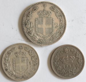reverse: Umberto I. 1878-1900. Lotto di 3 monete. 2 Lire 1897, 1 Lira 1897 e 20 centesimi 1895 R. Ag-Ni.