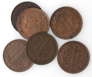 obverse: Umberto I. 1878-1900. Lotto di 6 monete. Centesimo 1895 (3 pz.) e 1900 (3 pz.). Ae. 