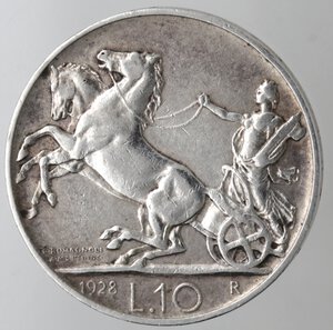 reverse: Vittorio Emanuele III. 1900-1943. 10 lire 1928 Biga una rosetta. Ag. 