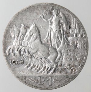 reverse: Vittorio Emanuele III. 1900-1943. 1 Lira 1908. Quadriga Veloce. Ag. 