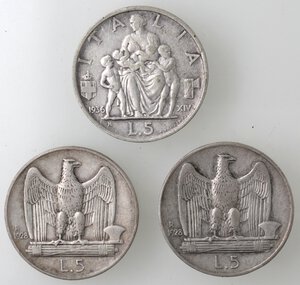 reverse: Vittorio Emanuele III. 1900-1943. Lotto di 3 monete. 5 Lire 1936 Fecondità, 5 Lire 1928 1 rosetta e 5 Lire 1928 2 rosette. Ag. 