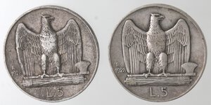 reverse: Vittorio Emanuele III. 1900-1943. Lotto di 2 monete. 5 Lire 1928 1 rosetta e 5 Lire 1928 2 rosette. Ag. 