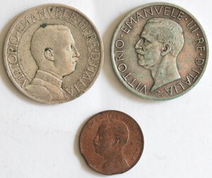 obverse: Vittorio Emanuele III. 1900-1943. Lotto di 3 monete. 5 Lire 1927, Lira 1909 e 1 Centesimo 1914. Ag-Ae. 