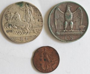 reverse: Vittorio Emanuele III. 1900-1943. Lotto di 3 monete. 5 Lire 1927, Lira 1909 e 1 Centesimo 1914. Ag-Ae. 