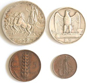 reverse: Vittorio Emanuele III. 1900-1943. Lotto di 4 monete. 5 Lire 1927, 2 Lire 1914, 5 Centesimi 1919 e 1 Centesimo 1917. Ag-Ae. 