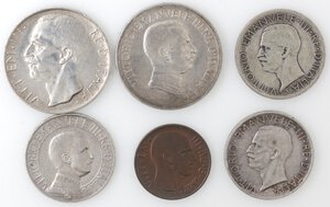 obverse: Vittorio Emanuele III. 1900-1943. Lotto di 6 monete. 10 Lire 1927, 5 Lire 1928 e 1929, 2 Lire 1916, Lira 1912 e 5 Centesimi 1928. Ag-Ae. 