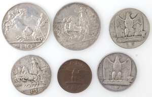 reverse: Vittorio Emanuele III. 1900-1943. Lotto di 6 monete. 10 Lire 1927, 5 Lire 1928 e 1929, 2 Lire 1916, Lira 1912 e 5 Centesimi 1928. Ag-Ae. 