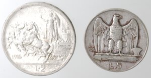reverse: Vittorio Emanuele III. 1900-1943. Lotto di 2 monete. 2 Lire 1916 e 5 Lire 1928 Rara. Ag. 