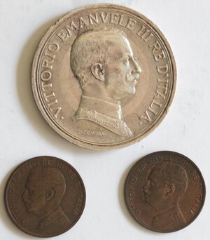 obverse: Vittorio Emanuele III. 1900-1943. Lotto di 3 monete. 2 Lire 1916 e 1 Centesimo 1910, 1014. Ag-Ae.