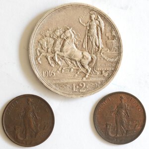 reverse: Vittorio Emanuele III. 1900-1943. Lotto di 3 monete. 2 Lire 1916 e 1 Centesimo 1910, 1014. Ag-Ae.