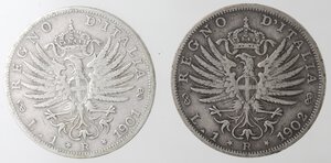 reverse: Vittorio Emanuele III. 1900-1943. Lotto di 2 monete. Lira 1901 e 1902 Aquila sabauda. Ag. 