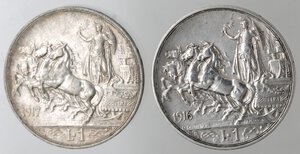 reverse: Vittorio Emanuele III. 1900-1943. Lotto di 2 monete. Lira 1916 (Rara) e 1917 Quadriga briosa. Ag. 
