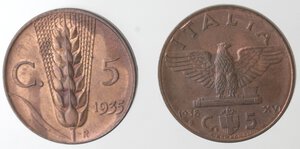 reverse: Vittorio Emanuele III. 1900-1943. Lotto di 2 monete. 5 Centesimi 1935 Spiga e 5 Centesimi 1938 Impero. Ae. 