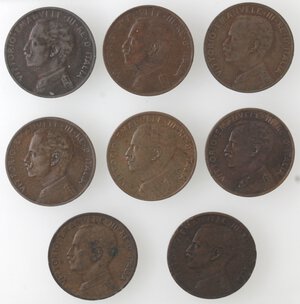 obverse: Vittorio Emanuele III. 1900-1943. Lotto di 8 monete. 2 Centesimi Italia su prora 1909, 1911, 1912 (NC) (MB), 1914 (2 pz.), 1915 e 1917 (2 pz.). Ae. 