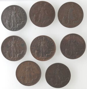 reverse: Vittorio Emanuele III. 1900-1943. Lotto di 8 monete. 2 Centesimi Italia su prora 1909, 1911, 1912 (NC) (MB), 1914 (2 pz.), 1915 e 1917 (2 pz.). Ae. 
