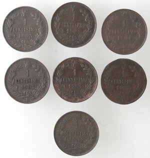 reverse: Vittorio Emanuele III. 1900-1943. Lotto di 7 monete. Centesimo valore 1903, 1904 (4 pz.), 1905 e 1908. Ae. 