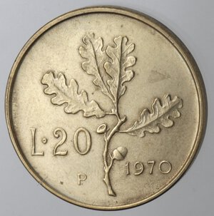 reverse: Repubblica Italiana. 20 lire 1970. P al posto della R di Roma. BR. 