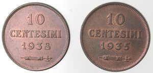 reverse: San Marino. Lotto di 2 monete. 10 Centesimi 1935 e 1938. Ae. 