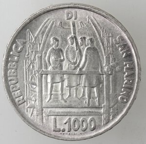 obverse: San Marino. 1000 lire 1977. VI anniversario nascita F. Brunelleschi. Ag. 