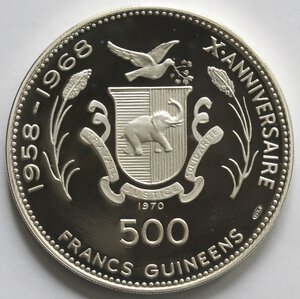 reverse: Guinea. 500 Franchi 1970. Akenaton. Ag 999. 
