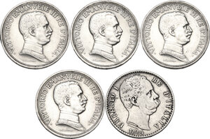 obverse: Vittorio Emanuele III (1900-1943). Lotto di cinque (5) monete da 2 lire: 1884 (Umberto), 1914 (2), 1916, 1917