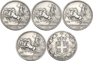 reverse: Vittorio Emanuele III (1900-1943). Lotto di cinque (5) monete da 2 lire: 1884 (Umberto), 1914 (2), 1916, 1917