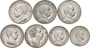 obverse: Vittorio Emanuele III (1900-1943). Lotto di sette (7) monete: 2 lire 1886 (Umberto I), 2 lire 1908, 2 lire 1911 cinquantenario, 2 lire 1912, 2 lire 1916, lira 1910, lira 1913