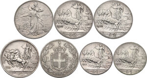reverse: Vittorio Emanuele III (1900-1943). Lotto di sette (7) monete: 2 lire 1886 (Umberto I), 2 lire 1908, 2 lire 1911 cinquantenario, 2 lire 1912, 2 lire 1916, lira 1910, lira 1913