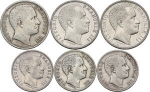 obverse: Vittorio Emanuele III (1900-1943). Lotto di sei (6) monete: 2 lire 1905, 1906, 1907 e lira 1902, 1906, 1907