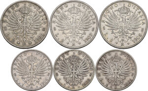 reverse: Vittorio Emanuele III (1900-1943). Lotto di sei (6) monete: 2 lire 1905, 1906, 1907 e lira 1902, 1906, 1907