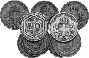 obverse: Vittorio Emanuele III (1900-1943). Lotto di nove (9) monete da 20 centesimi: 1918 liscio (3), 1918 rigato, 1919 liscio (4), 1920 liscio