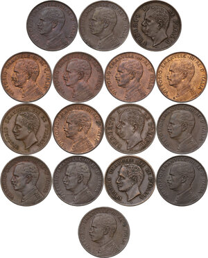 obverse: Vittorio Emanuele III (1900-1943). Lotto di sedici (16) monete da 2 centesimi: 1898, 1900, 1903, 1908, 1909 (2), 1911, 1912, 1914 (2), 1915 (2), 1916 (2), 1917 (2)