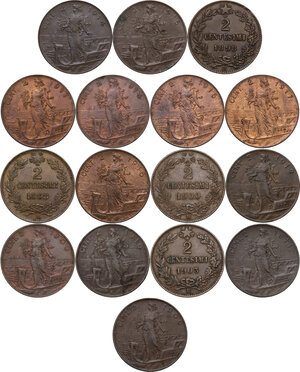 reverse: Vittorio Emanuele III (1900-1943). Lotto di sedici (16) monete da 2 centesimi: 1898, 1900, 1903, 1908, 1909 (2), 1911, 1912, 1914 (2), 1915 (2), 1916 (2), 1917 (2)