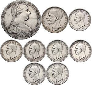 obverse: Vittorio Emanuele III (1900-1943). Lotto di nove (9) monete: 10 lire 1927 **, 5 lire 1926, 1927, 1928, 1929 (2), 1930 (2), tallero di Maria Teresa