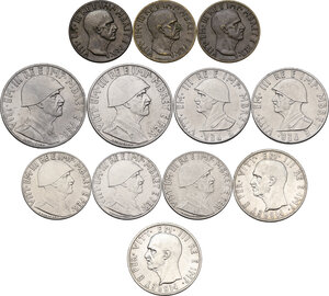 obverse: Vittorio Emanuele III (1900-1943). Lotto di dodici (12) monete: 5 lek 1939 A. XVII (2), lek 1939 A. XVIII (2), 0,5 lek 1940 A. XVIII, 1941 A. XIX, 0,2 lek 1939 A. XVIII (3), 0,05 lek 1940 A. XVIII