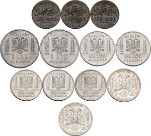 reverse: Vittorio Emanuele III (1900-1943). Lotto di dodici (12) monete: 5 lek 1939 A. XVII (2), lek 1939 A. XVIII (2), 0,5 lek 1940 A. XVIII, 1941 A. XIX, 0,2 lek 1939 A. XVIII (3), 0,05 lek 1940 A. XVIII