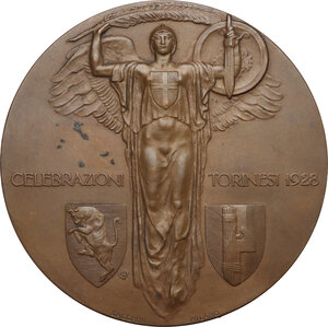 reverse: Vittorio Emanuele III (1900-1943). Medaglia 1928 per il decimo anniversario della Vittoria della Prima Guerra Mondiale e per il quarto centenario della nascita di Emanuele Filiberto di Savoia