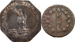 reverse: France. Lot of two coins: 12 deniers 1792 D, Lyon mint and medal/jeton 1790 for the Fédération martiale de Lyon