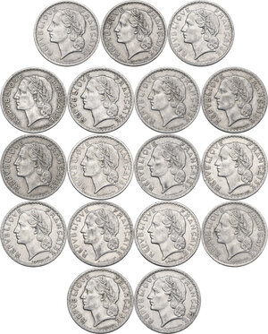 obverse: France.  Fourth Republic (1947-1959). Lot of seventeen (17) coins: 5 francs 1945 (2), 1946 (2), 1946B, 1947 (2), 1947B (2), 1948, 1949 (4), 1950(2), 1950B