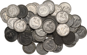 obverse: Germany.  Federal Republic. Lot of seventy-one (71) coins: 50 pfennig 1949 (17), 1950 (41), 1966 (4), 1967 (2), 1968 (2), 1970, 1971, 1972 (2), 1973