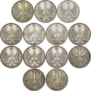 obverse: Germany. Lot of thirteen (13) 5 marks coins: 1951 (4) F, J, D, (2) G, 1956 D, 1958 G, 1963 J, 1965 (2) G