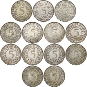 reverse: Germany. Lot of thirteen (13) 5 marks coins: 1951 (4) F, J, D, (2) G, 1956 D, 1958 G, 1963 J, 1965 (2) G